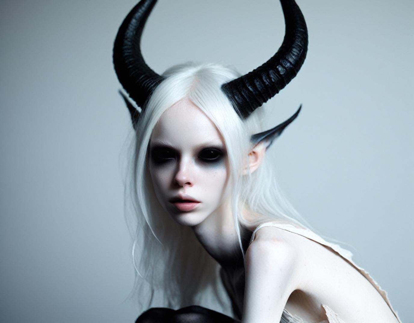 of very pale white skin demon girl with black horns,  ,  white background on Tensor.Art