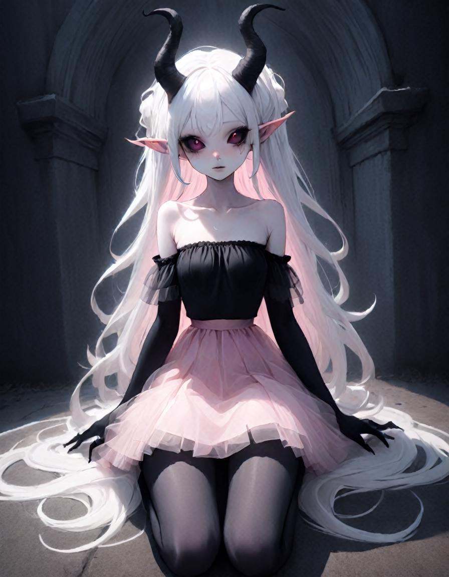 graveyard ,  a very pale white skin demon girl with black horns, on Tensor.Art