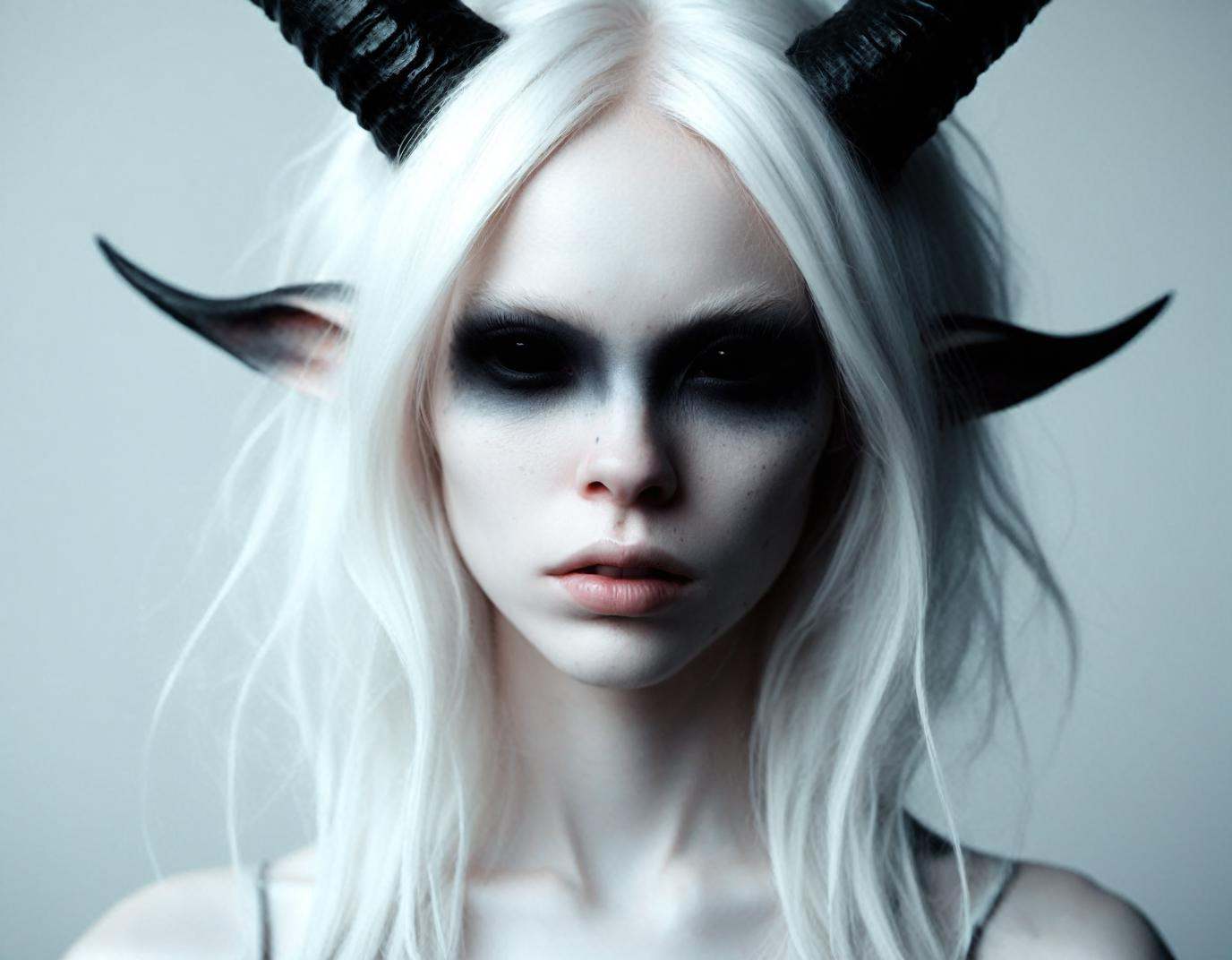 of very pale white skin demon girl with black horns,  ,  white background on Tensor.Art