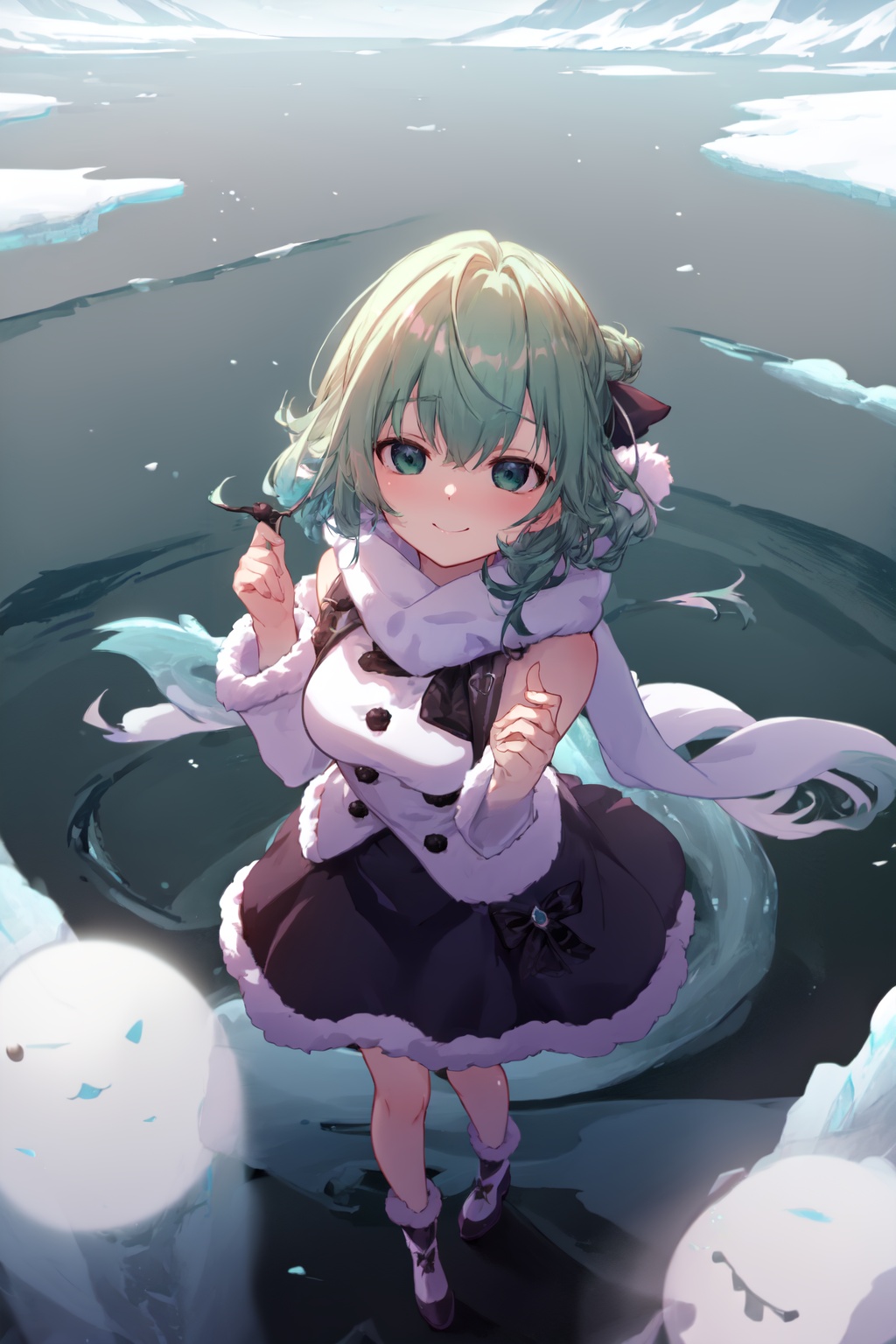 1girl solo arctic-tundra snowy-landscapes frozen-lakes night icy harsh ethereal ghost-white-turtleneck fur-trim gainsboro-...
