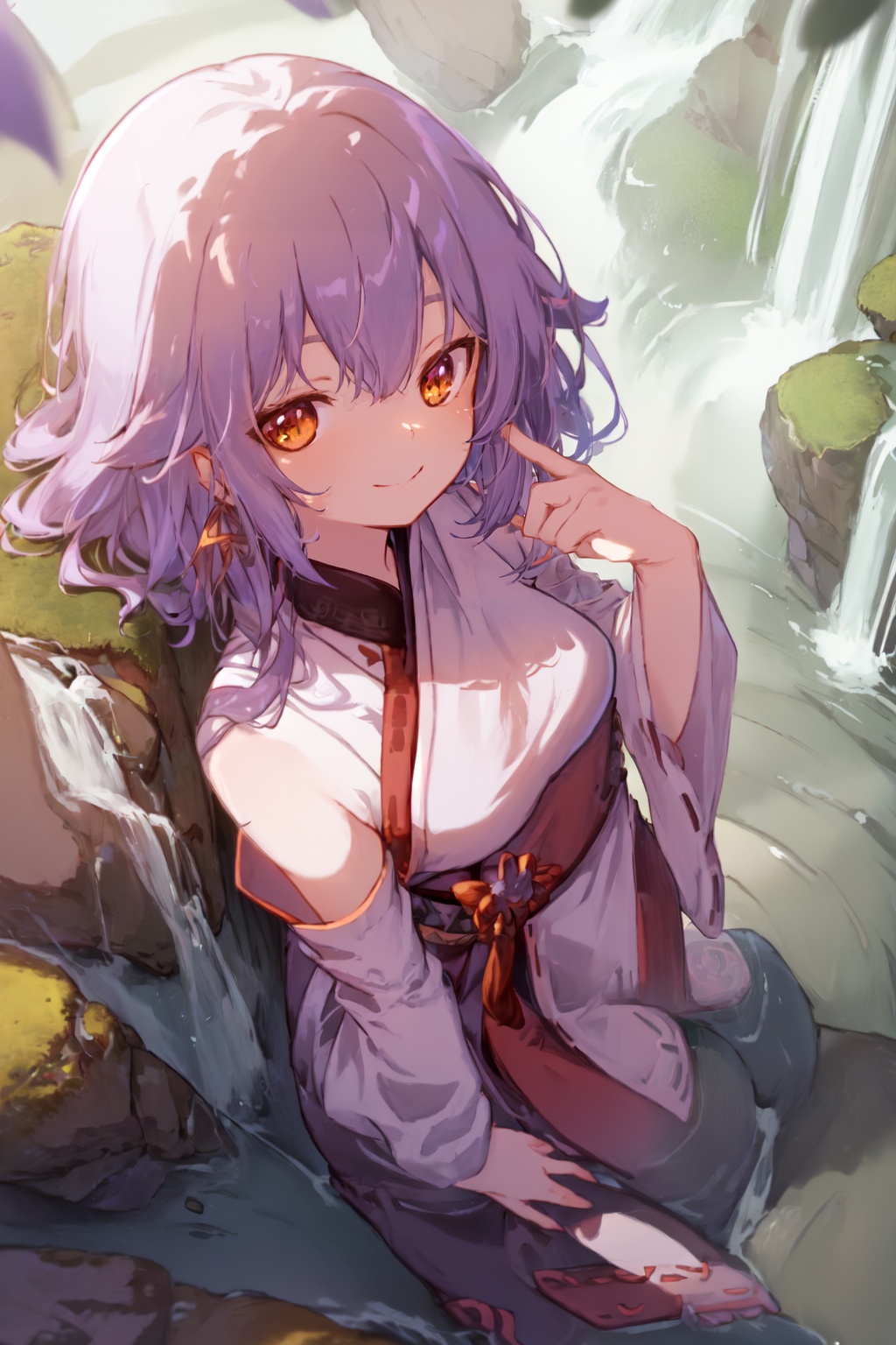 1girl solo waterfall rocks moss evening misty serene scenic orange-nontraditional-miko smile closed-mouth looking-at-viewe...