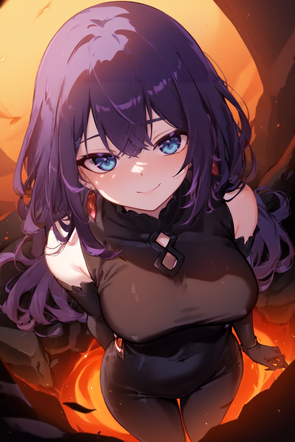 1girl solo volcano ash lava rocks dawn smoky ominous powerful orange-romper hoop-earrings smile closed-mouth looking-at-vi...