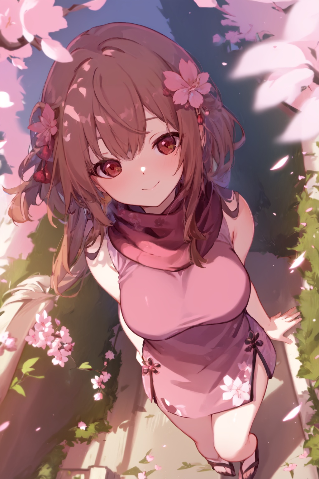 1girl solo sakura-trees pink-flowers blooming serene cherry-blossom-season peaceful asian-influence garden tunnel walkway...