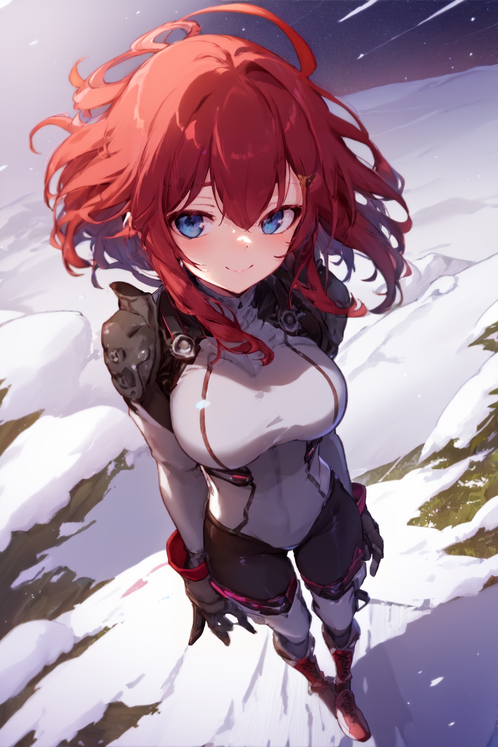 1girl solo snowy-mountains snowdrifts starry-night-sky white-pine-forest blustery-winds icy-terrain midnight chocolate-pil...