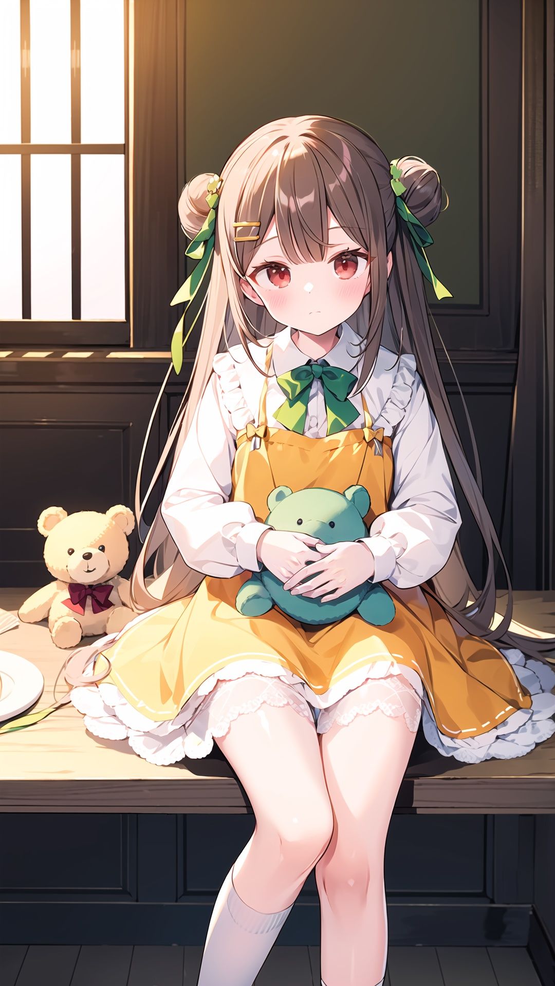  1girl, stuffed animal, stuffed toy, solo, dress, long hair, sitting, looking at viewer, teddy bear, holding stuffed toy, long sleeves, hair ornament, hair bun, bow, green dress, orange bow, plaid, blush, socks, frills, bangs, closed mouth, holding, red eyes, orange bowtie, flower, feet out of frame, ribbon, hair ribbon, single side bun, green bow, brown hair, table, blanket, black ribbon, hairclip, collar, bowtie