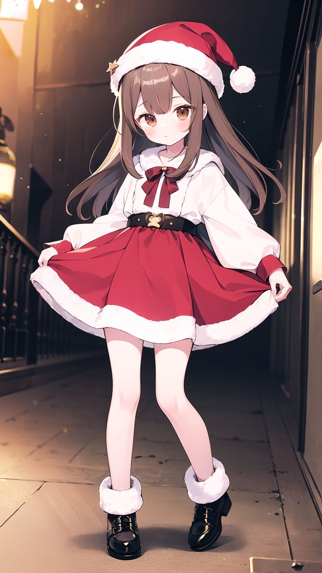  masterpiece, 1girl, huge filesize,wallpaper,artbook, brown hair, brown eyes, christmas hat, (full body:1.1), colorful,(loli,age 9:1.2)