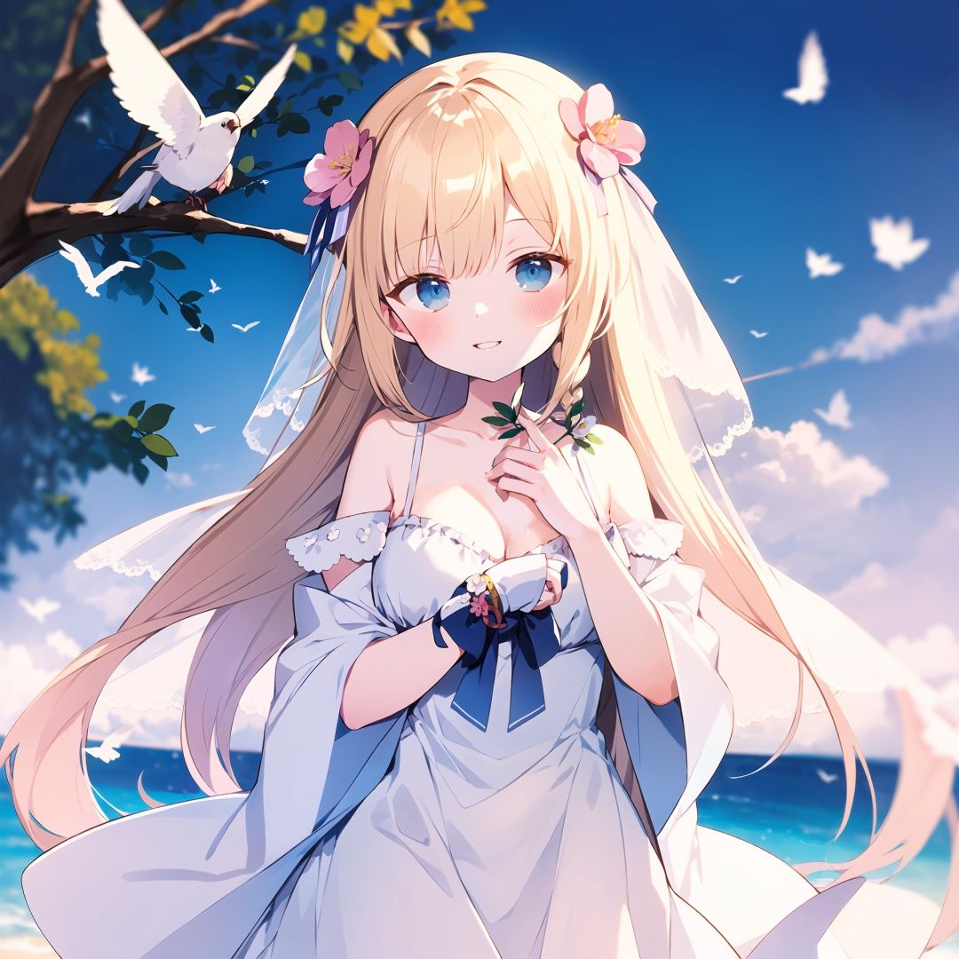  1girl, bird, dress, very long hair, solo, long hair, blue eyes, flower, white dress, breasts, white flower, animal, depth of field, bangs, blurry, branch, sleeveless dress, animal on hand, hair flower, bow, see-through, hair ornament, braid, parted lips, hands up, pink flower, sleeveless, red bow, cleavage, blush, medium breasts, looking at viewer, bird on hand, wide sleeves, veil, blurry foreground, red ribbon, ribbon, blurry background, smile, blonde hair, hair bow, collarbone, transparent, blue ribbon, bare shoulders, small breasts, blue bow, detached sleeves