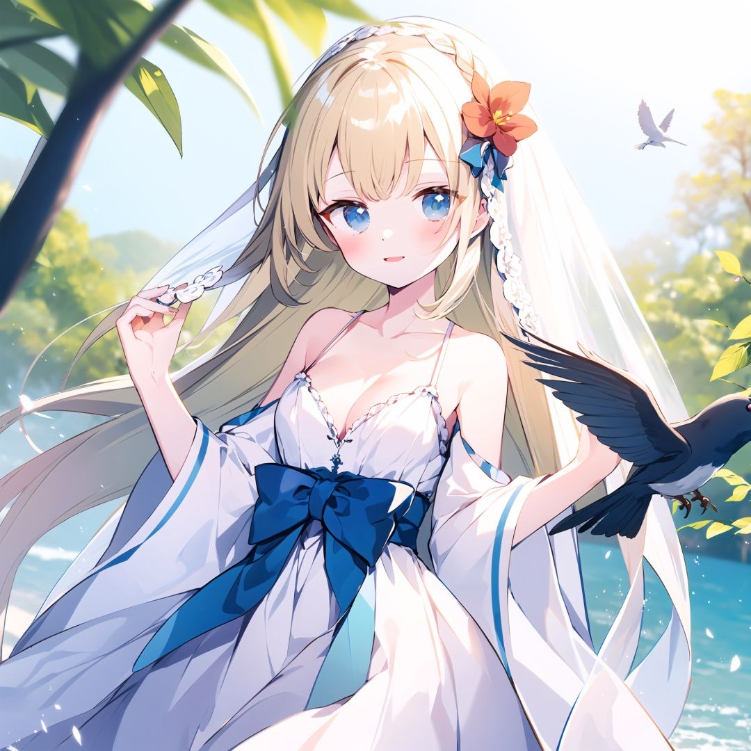  1girl, bird, dress, very long hair, solo, long hair, blue eyes, flower, white dress, breasts, white flower, animal, depth of field, bangs, blurry, branch, sleeveless dress, animal on hand, hair flower, bow, see-through, hair ornament, braid, parted lips, hands up, pink flower, sleeveless, red bow, cleavage, blush, medium breasts, looking at viewer, bird on hand, wide sleeves, veil, blurry foreground, red ribbon, ribbon, blurry background, smile, blonde hair, hair bow, collarbone, transparent, blue ribbon, bare shoulders, small breasts, blue bow, detached sleeves
