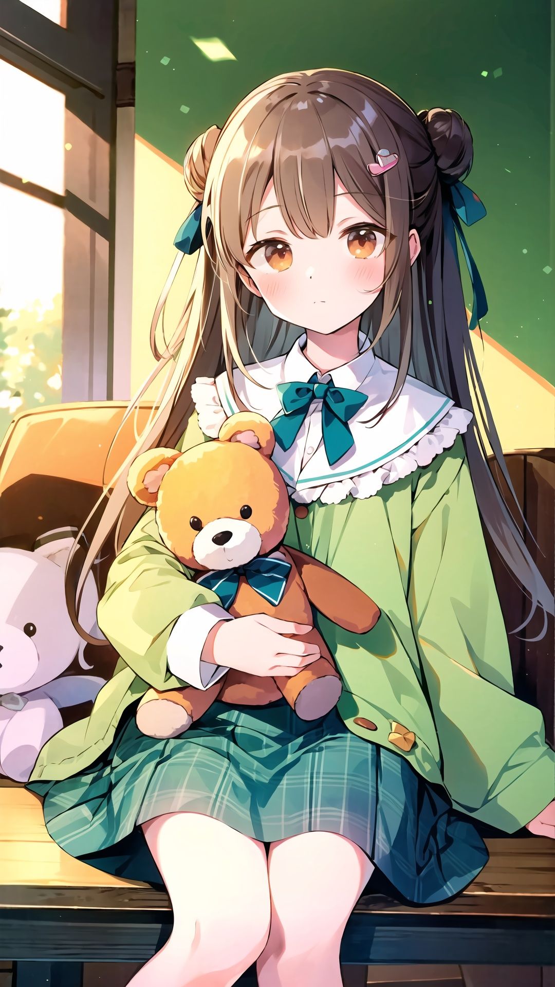 1girl,stuffed animal,stuffed toy,solo,dress,long hair,sitting,looking at viewer,teddy bear,holding stuffed toy,long sleeves,hair ornament,hair bun,bow,green dress,orange bow,plaid,blush,socks,frills,bangs,closed mouth,holding,red eyes,orange bowtie,flower,feet out of frame,ribbon,hair ribbon,single side bun,green bow,brown hair,table,blanket,black ribbon,hairclip,collar,bowtie,