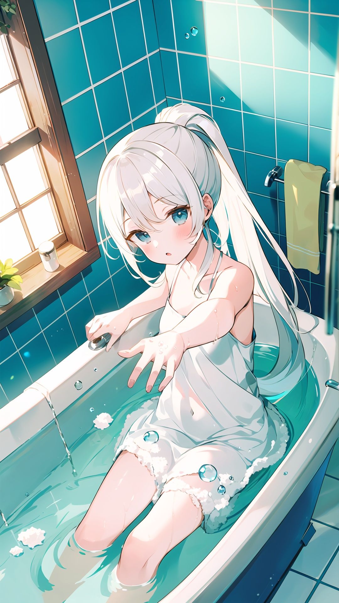 1girl, bathtub, solo, long hair, looking at viewer, window, white hair, bathing, indoors, water, soap bubbles, plant, bathroom, outstretched arms, bubble, bath, towel, blue eyes, ponytail, tiles, soap bottle, bangs, tile wall, potted plant, faucet, partially submerged, wet, blush, from above, parted lips, aqua eyes