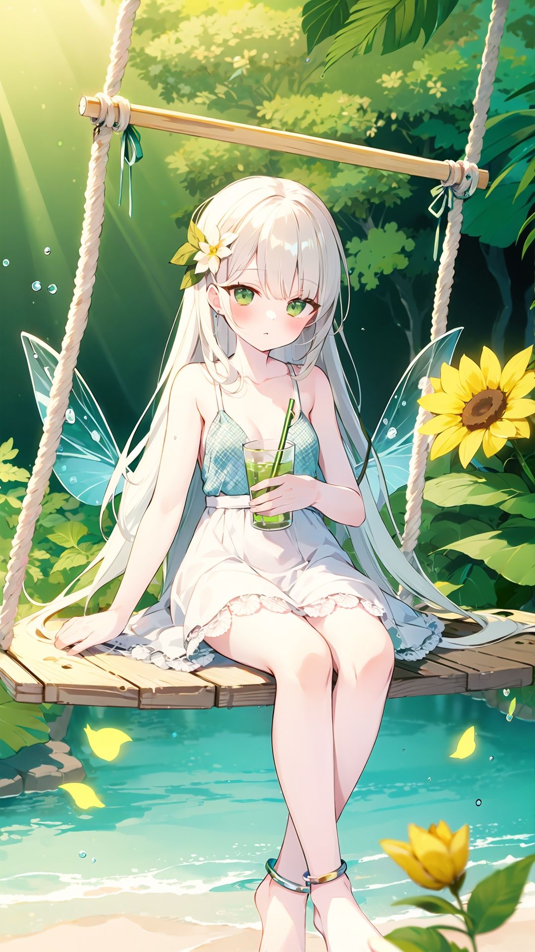  1girl, solo, flower, long hair, hair flower, drinking straw, very long hair, hair ornament, barefoot, green eyes, red flower, drinking, hammock, holding, soles, blush, cup, water, bangs, yellow flower, crazy straw, looking at viewer, holding cup, bug, white hair, sitting, collarbone, breasts, bare shoulders, anklet, butterfly, wings, dress, feet, bow, drinking glass, petals, white dress, jewelry, small breasts, water drop