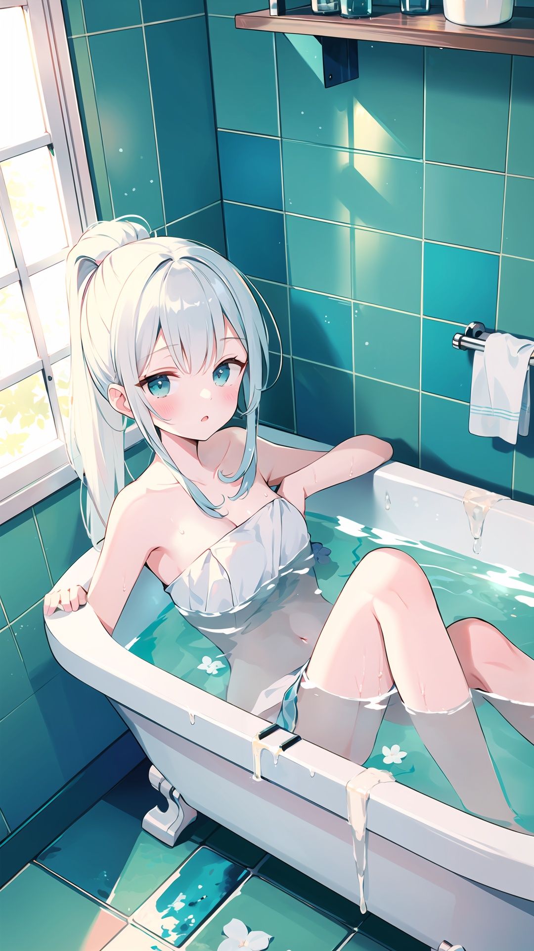 1girl, bathtub, solo, long hair, looking at viewer, window, white hair, bathing, indoors, water, soap bubbles, plant, bathroom, outstretched arms, bubble, bath, towel, blue eyes, ponytail, tiles, soap bottle, bangs, tile wall, potted plant, faucet, partially submerged, wet, blush, from above, parted lips, aqua eyes
