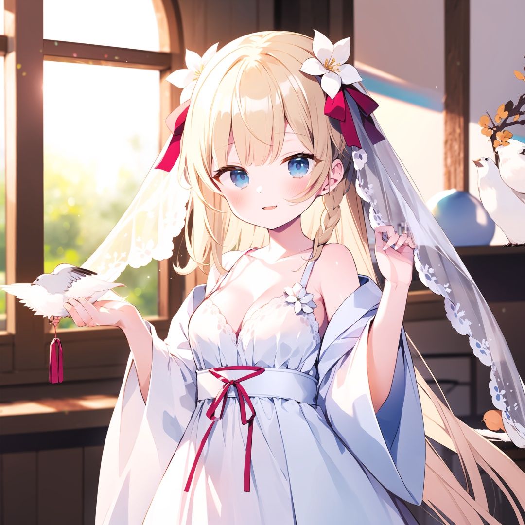  1girl, bird, dress, very long hair, solo, long hair, blue eyes, flower, white dress, breasts, white flower, animal, depth of field, bangs, blurry, branch, sleeveless dress, animal on hand, hair flower, bow, see-through, hair ornament, braid, parted lips, hands up, pink flower, sleeveless, red bow, cleavage, blush, medium breasts, looking at viewer, bird on hand, wide sleeves, veil, blurry foreground, red ribbon, ribbon, blurry background, smile, blonde hair, hair bow, collarbone, transparent, blue ribbon, bare shoulders, small breasts, blue bow, detached sleeves