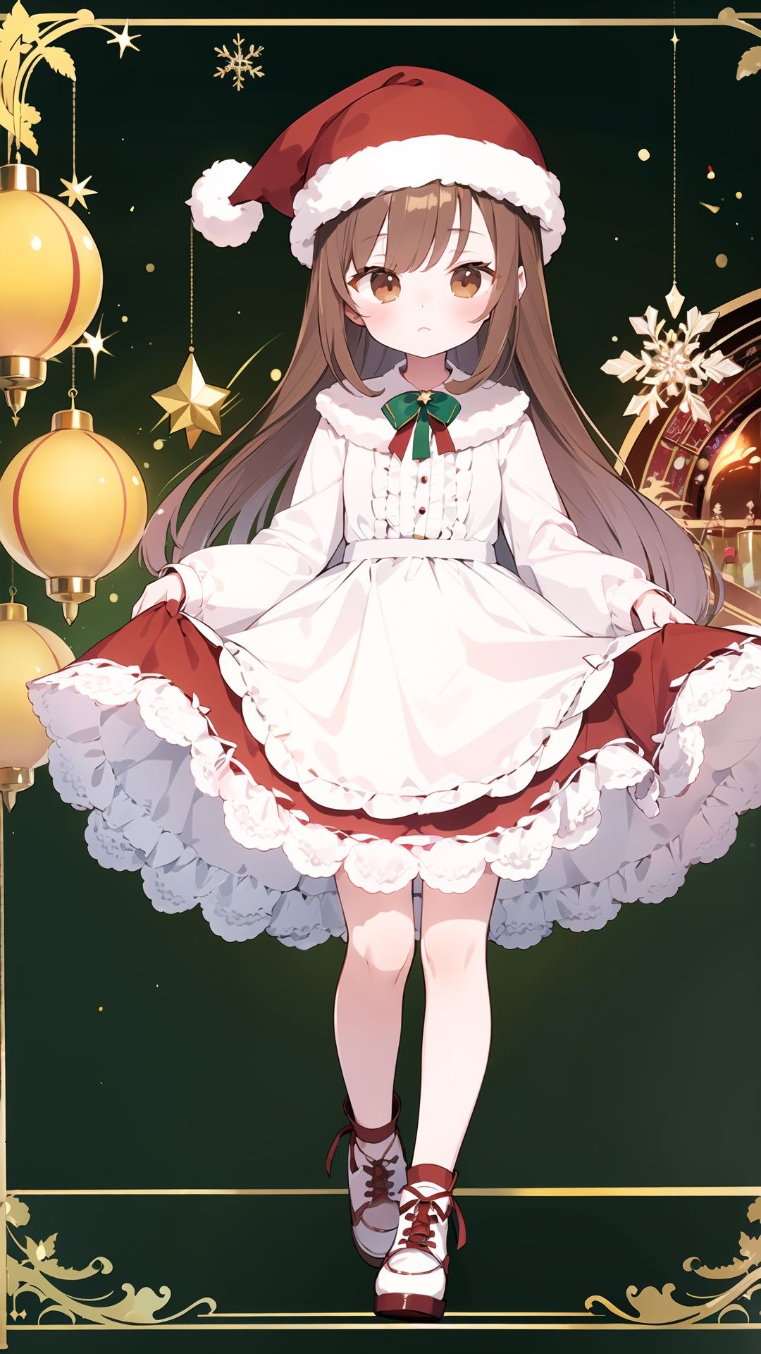  masterpiece, 1girl, huge filesize,wallpaper,artbook, brown hair, brown eyes, christmas hat, (full body:1.1), colorful,(loli,age 9:1.2)