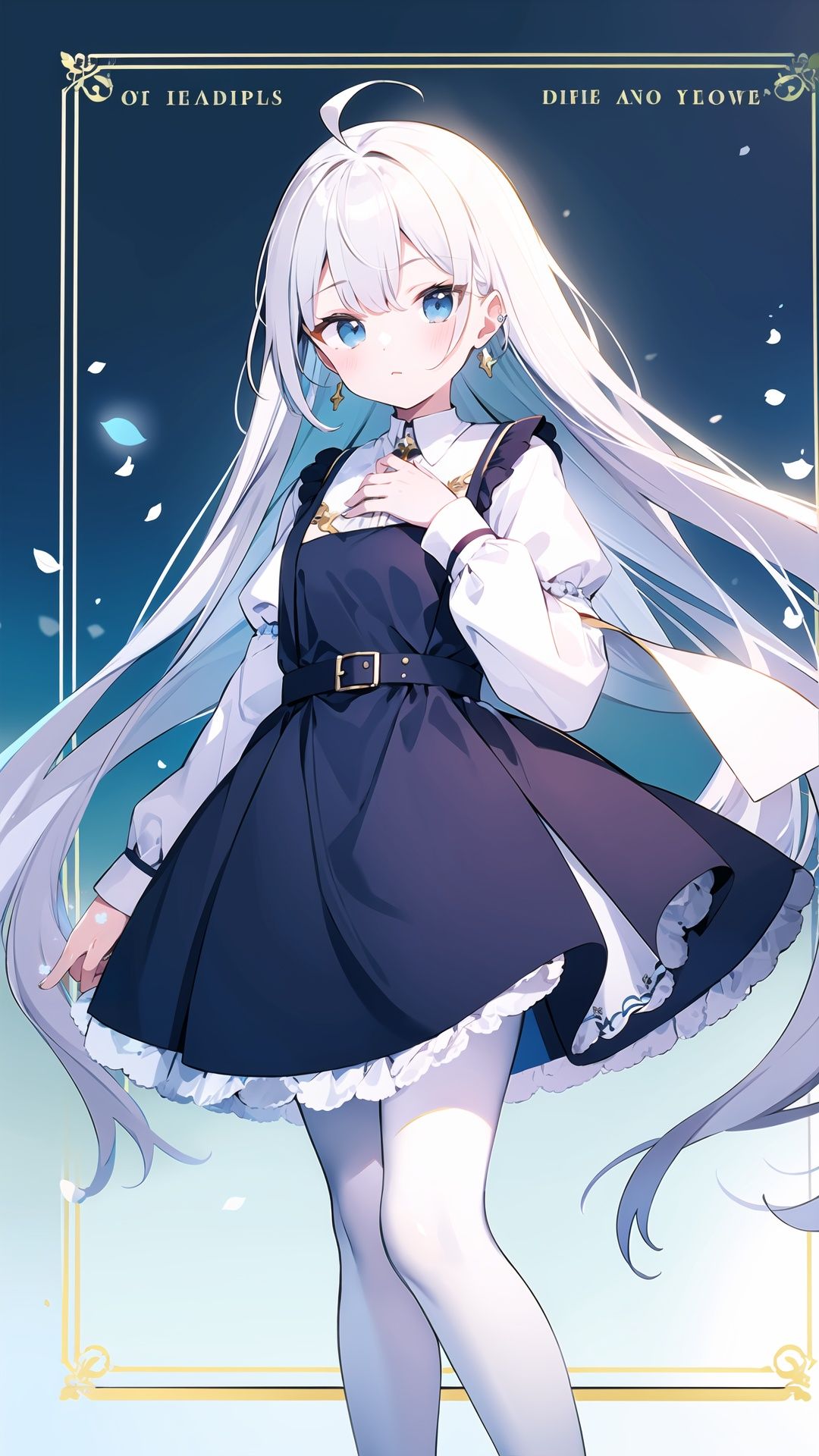 1girl, solo, blue eyes, white flower, long hair, flower, dress, white rose, white hair, long sleeves, looking at viewer, nun, ahoge, rose, bangs, pantyhose, white pantyhose, hand on own chest, jewelry, belt, apron, black dress, blue dress, habit, puffy sleeves, standing, closed mouth, cross, earrings, juliet sleeves, white apron, english text