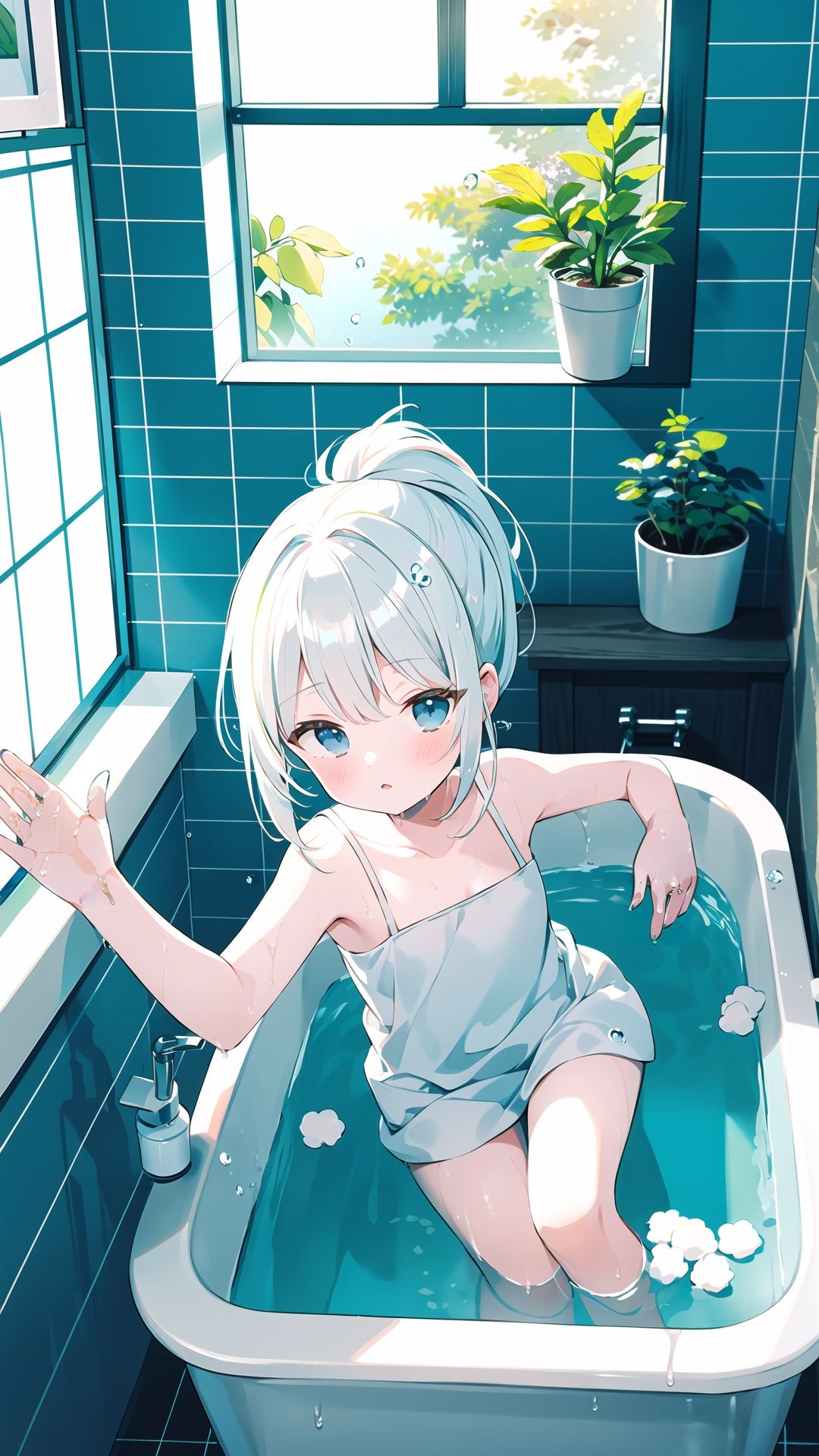  1girl, bathtub, solo, long hair, looking at viewer, window, white hair, bathing, indoors, water, soap bubbles, plant, bathroom, outstretched arms, bubble, bath, towel, blue eyes, ponytail, tiles, soap bottle, bangs, tile wall, potted plant, faucet, partially submerged, wet, blush, from above, parted lips, aqua eyes
