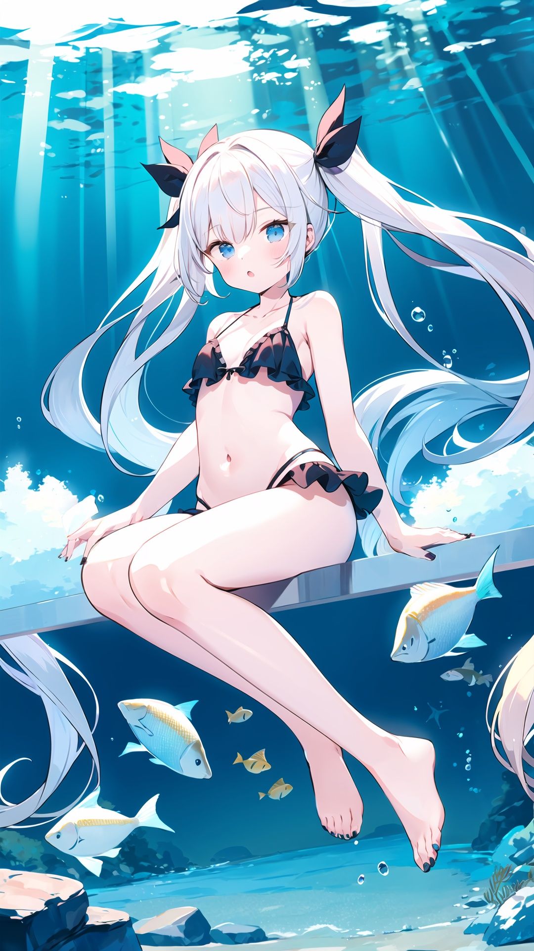  1girl, long hair, solo, bikini, swimsuit, underwater, black bikini, nail polish, barefoot, toenail polish, fish, toenails, twintails, bubble, looking at viewer, very long hair, bare shoulders, blue eyes, frills, frilled bikini, air bubble, bare arms, bare legs, parted lips, white hair, breasts, collarbone, bow, halterneck, small breasts, hair ribbon, bangs, ribbon, thighs, hair bow, toes, :o