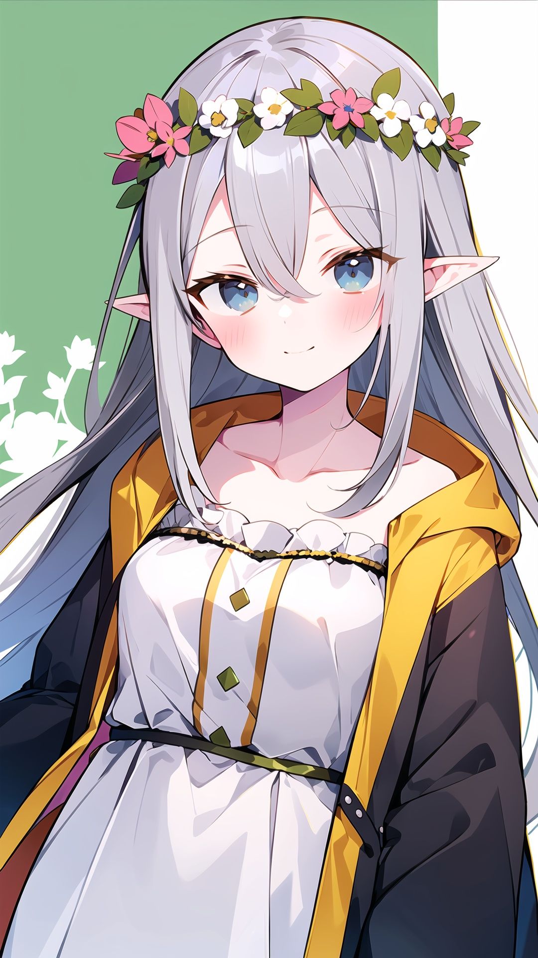 2girls, multiple girls, pointy ears, jacket, blue eyes, long hair, flower, long sleeves, smile, collarbone, bangs, very long hair, closed mouth, hat, petals, blush, white headwear, white hair, hair over one eye, peaked cap, white dress, hair between eyes, open clothes, eyes visible through hair, green jacket, looking at viewer, open jacket, dress, sleeves past wrists, hood down, holding, grey hair, hood, brown eyes, hand up, head wreath, red flower, animal ears, hooded jacket, elf, white flower, brown jacket, upper body, cloak, medium breasts, white shirt, glowing