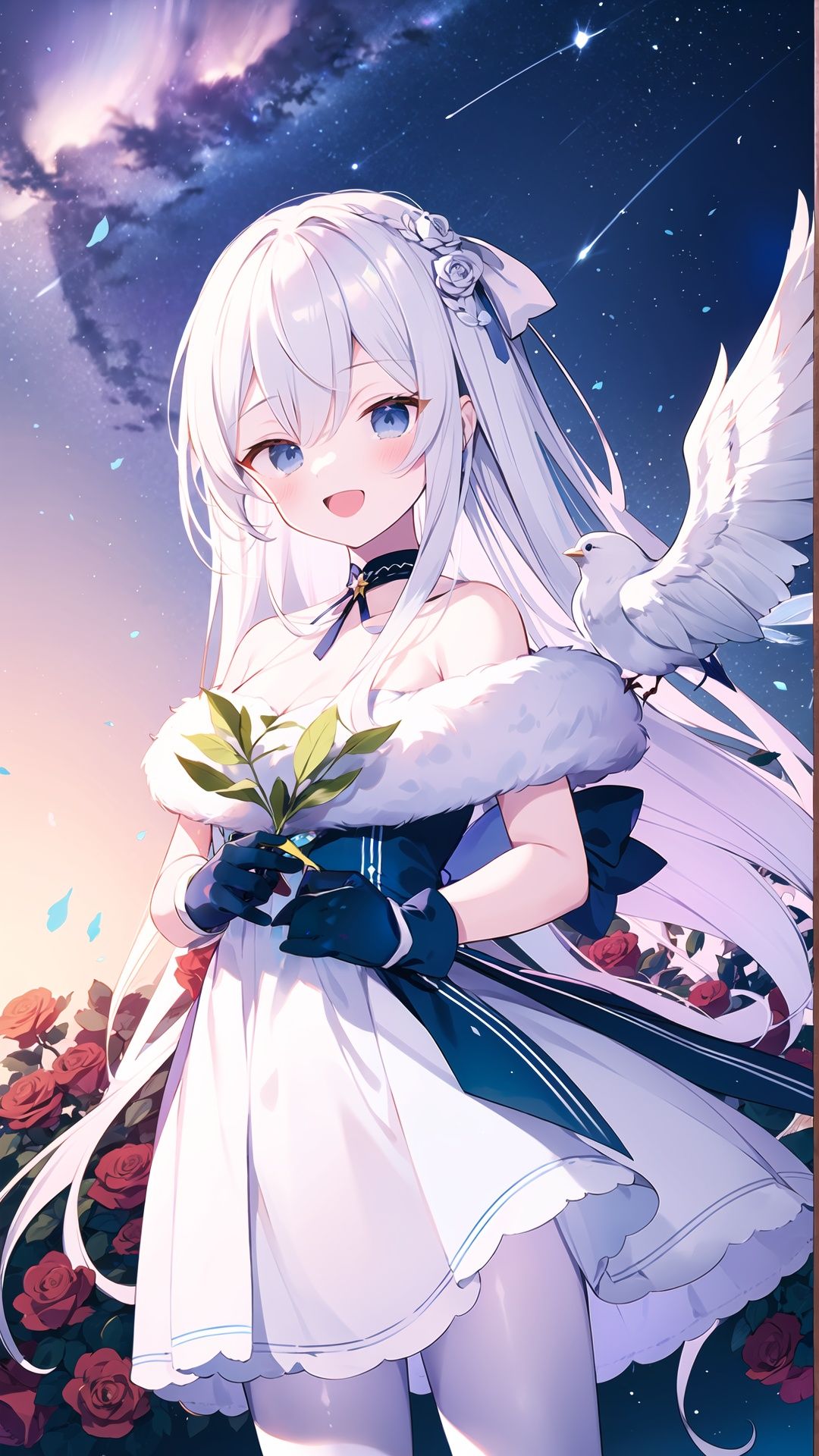 1girl, long hair, gloves, dress, solo, smile, flower, bird, holding, red flower, very long hair, open mouth, white dress, white hair, bangs, pantyhose, white pantyhose, blush, :d, looking at viewer, bare shoulders, blue eyes, off-shoulder dress, rose, white gloves, red rose, off shoulder, star \(sky\), holding flower, starry sky, sky, fur trim, hair between eyes, black gloves, bow, branch, animal