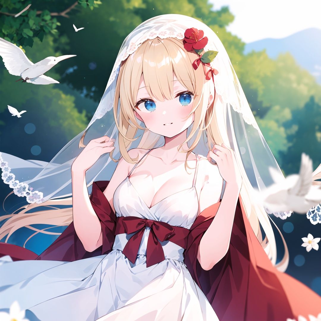  1girl, bird, dress, very long hair, solo, long hair, blue eyes, flower, white dress, breasts, white flower, animal, depth of field, bangs, blurry, branch, sleeveless dress, animal on hand, hair flower, bow, see-through, hair ornament, braid, parted lips, hands up, pink flower, sleeveless, red bow, cleavage, blush, medium breasts, looking at viewer, bird on hand, wide sleeves, veil, blurry foreground, red ribbon, ribbon, blurry background, smile, blonde hair, hair bow, collarbone, transparent, blue ribbon, bare shoulders, small breasts, blue bow, detached sleeves