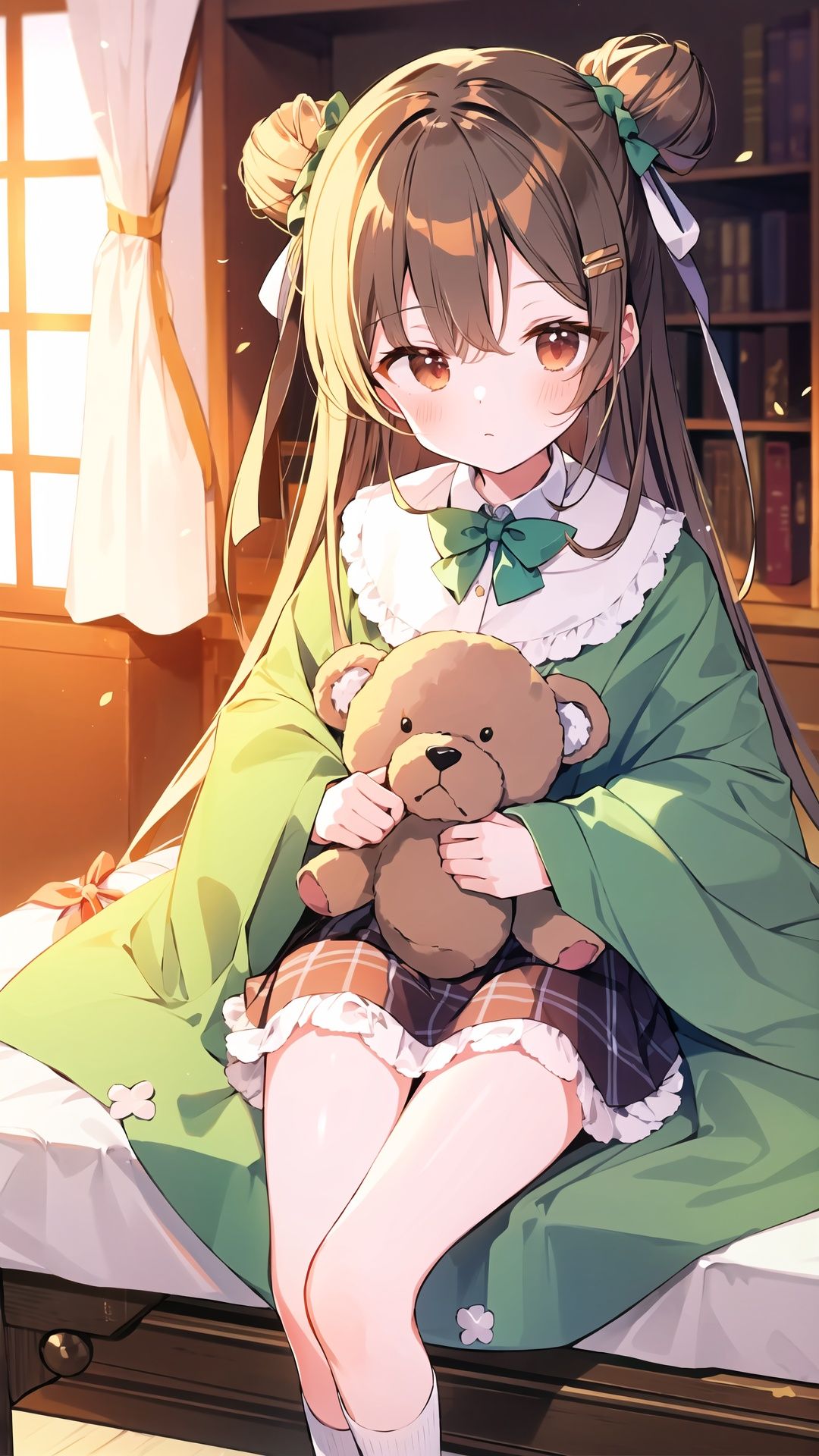 1girl,stuffed animal,stuffed toy,solo,dress,long hair,sitting,looking at viewer,teddy bear,holding stuffed toy,long sleeves,hair ornament,hair bun,bow,green dress,orange bow,plaid,blush,socks,frills,bangs,closed mouth,holding,red eyes,orange bowtie,flower,feet out of frame,ribbon,hair ribbon,single side bun,green bow,brown hair,table,blanket,black ribbon,hairclip,collar,bowtie,