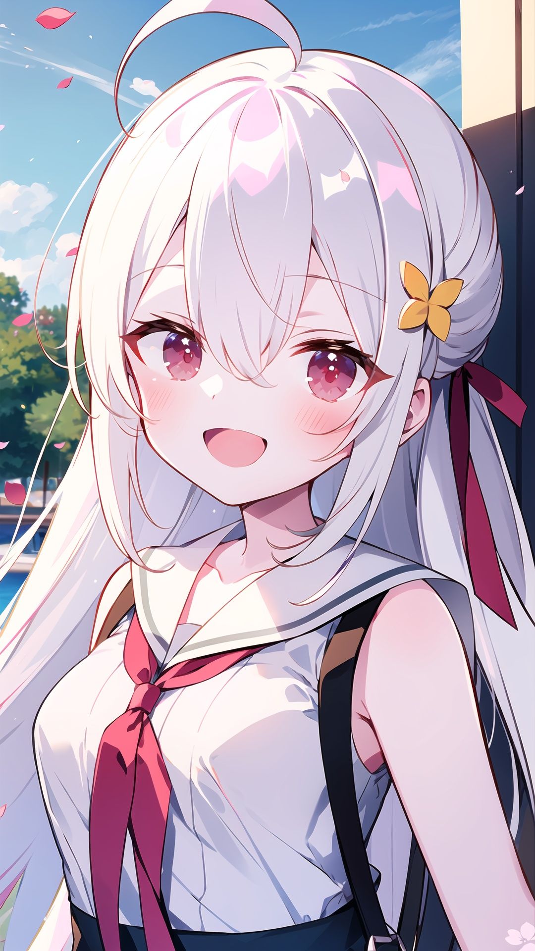 1girl, smile, :d, long hair, bangs, open mouth, red eyes, ribbon, blush, hair ornament, outdoors, hair ribbon, looking at viewer, solo, bow, shirt, ahoge, flower, hair between eyes, collared shirt, petals, day, solo focus, white shirt, sleeveless, sailor collar, white hair