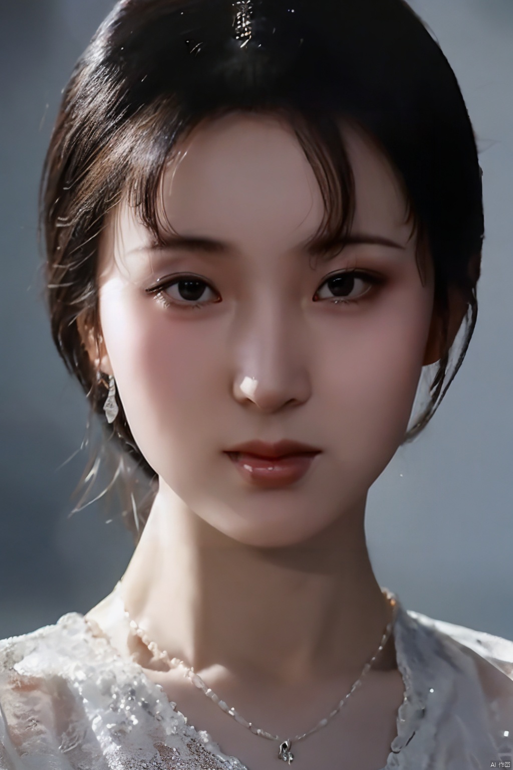  (close up portrait of a woman of China descent),happy and smile expression, Cleavage, low cut shirt,looking at camera, dark hair with undercut hairstyle, clean skin, black eyes, wearing dark shirt, soft lighting, gray background, shallow depth of field, high-resolution image, studio shot, headshot, photographic realism., masterpiece, best quality, aunt, 1girl, girl, lichunStrapless evening dress, cleavage, full breast, xiaofei, nannan, cx, denglijun, sunshine2.0, chenxiaoxu