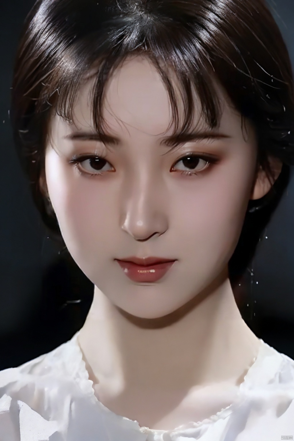  (close up portrait of a woman of China descent),happy and smile expression, Cleavage, low cut shirt,looking at camera, dark hair with undercut hairstyle, clean skin, black eyes, wearing dark shirt, soft lighting, gray background, shallow depth of field, high-resolution image, studio shot, headshot, photographic realism., masterpiece, best quality, aunt, 1girl, girl, lichunStrapless evening dress, cleavage, full breast, xiaofei, nannan, cx, denglijun, sunshine2.0, chenxiaoxu