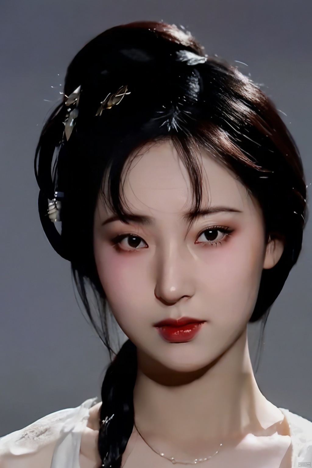  (close up portrait of a woman of China descent),happy and smile expression, Cleavage, low cut shirt,looking at camera, dark hair with undercut hairstyle, clean skin, black eyes, wearing dark shirt, soft lighting, gray background, shallow depth of field, high-resolution image, studio shot, headshot, photographic realism., masterpiece, best quality, aunt, 1girl, girl, lichunStrapless evening dress, cleavage, full breast, xiaofei, nannan, cx, denglijun, sunshine2.0, chenxiaoxu