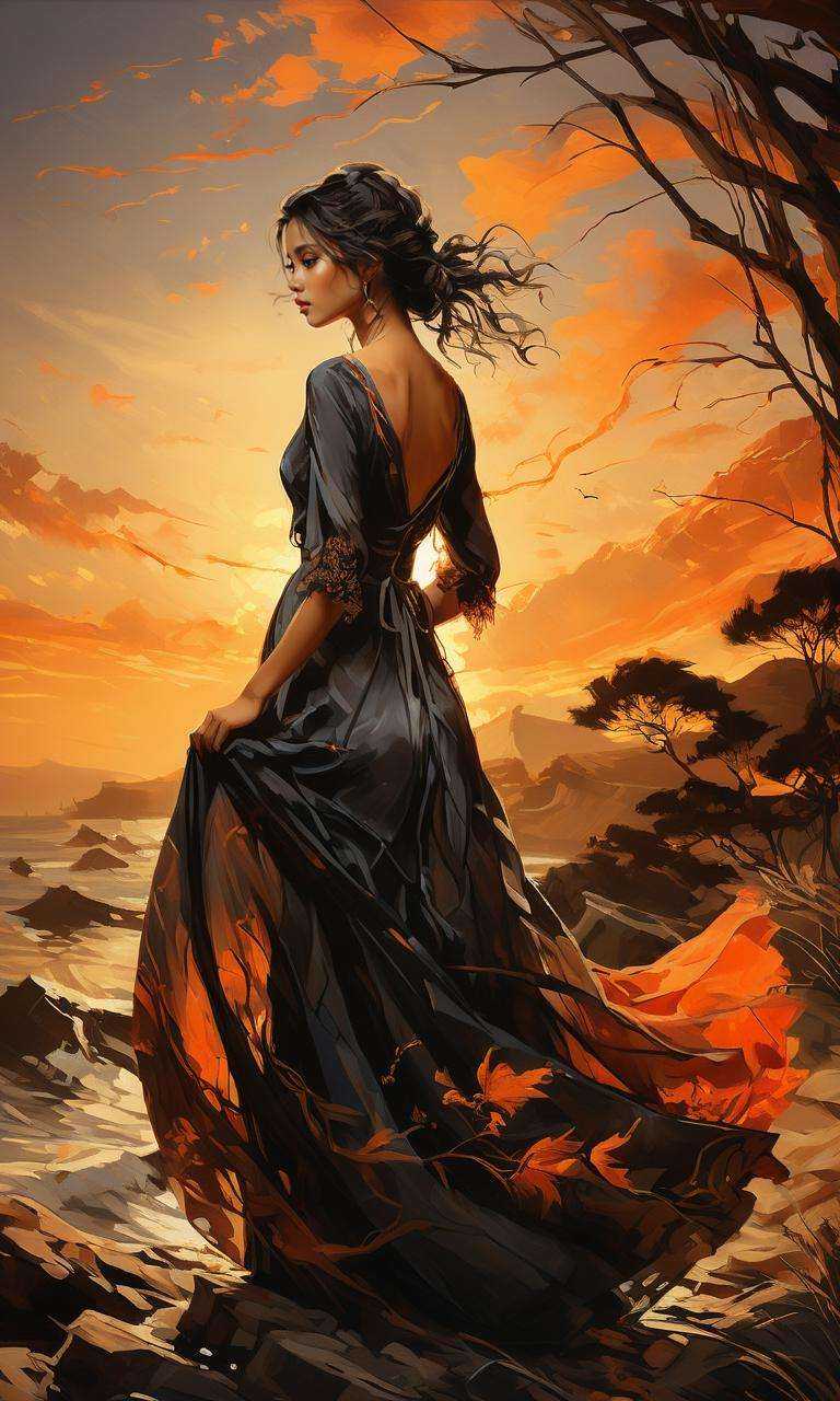 xsgb,<lora:xsgb:1>,((masterpiece)),((best quality)),8k,high detailed,ultra-detailed,intricate detail,Portrait,1girl,((Dramatic sunset silhouette)),((Flowing dress in the wind:1.1)),a captivating full-body portrait of a girl against a dramatic sunset,her dress billowing in the wind,creating a sense of timeless beauty and tranquility.,