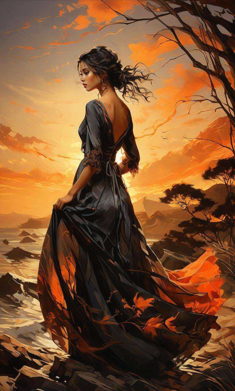 xsgb,<lora:xsgb:1>,((masterpiece)),((best quality)),8k,high detailed,ultra-detailed,intricate detail,Portrait,1girl,((Dramatic sunset silhouette)),((Flowing dress in the wind:1.1)),a captivating full-body portrait of a girl against a dramatic sunset,her dress billowing in the wind,creating a sense of timeless beauty and tranquility.,