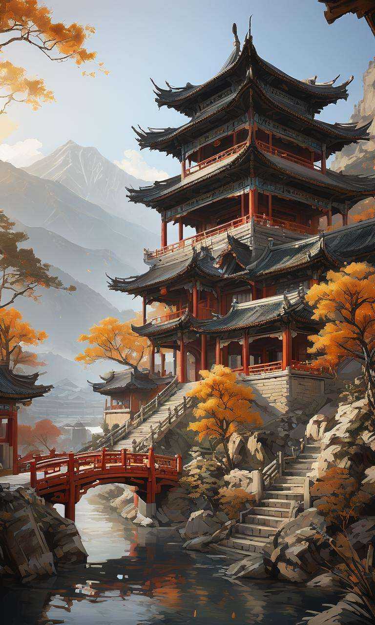 xsgb,<lora:xsgb:1>,((masterpiece)),((best quality)),8k,high detailed,ultra-detailed,intricate detail,Mountain,Wood,Water,Chinese Architecture,sun,