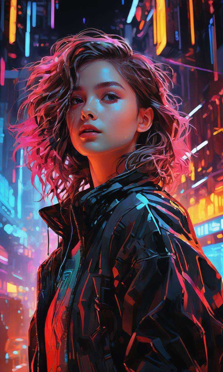 xsgb,<lora:xsgb:1>,Portrait,(1girl:1.5), (Dynamic pose), (Futuristic background), a dynamic and futuristic portrait of a girl in a dynamic pose against a futuristic backdrop, (Neon lights:1.2), (Energy radiating:1.1), creating an electrifying and unconventional visual experience.