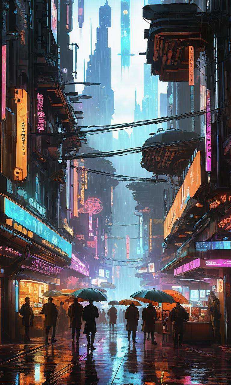 xsgb,<lora:xsgb:1>,((masterpiece)),((best quality)),8k,high detailed,ultra-detailed,intricate detail,Sci-fi, Cyberpunk, (Futuristic market), bustling with activity, (Android merchants:1.2), (Holographic billboards:1.1), a cyberpunk cityscape with futuristic market stalls and android merchants, (Floating vehicles), (Neon-lit alleyways), (Blade Runner aesthetic), (Rainy atmosphere), creating a dynamic and futuristic scene in a rainy cyberpunk city.