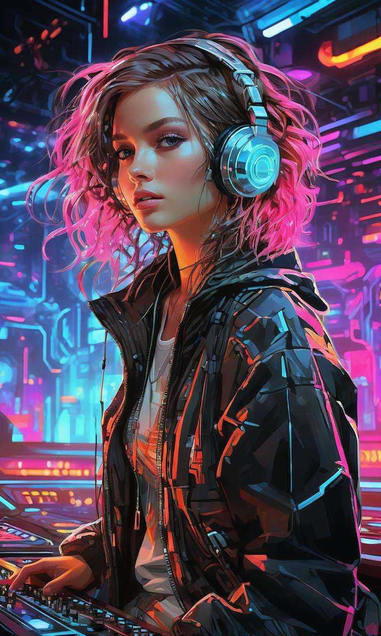 xsgb,<lora:xsgb:1>,Portrait,1girl,Full-body shot,Dynamic,(Cybernetic DJ),(Mixing music in a futuristic club:1.2),(Glowing neon lights:1.1),a dynamic portrait of a cybernetic DJ mixing music in a futuristic club with glowing neon lights,(Holographic turntables),(Crowd dancing in the background),(Energetic atmosphere:1.3),capturing the energy of a futuristic nightlife.,