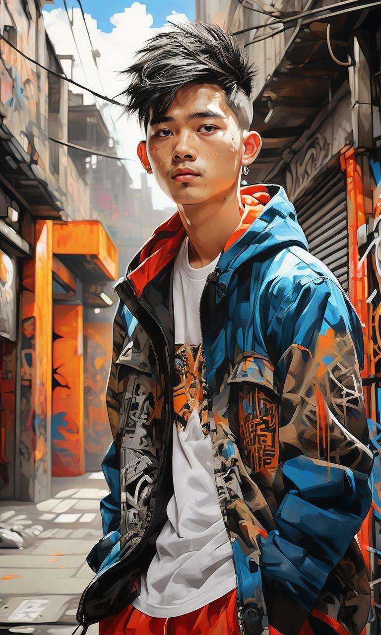 xsgb,<lora:xsgb:1>,((masterpiece)),((best quality)),8k,high detailed,ultra-detailed,intricate detail,Portrait, 1boy, (Urban exploration:1.2), (Graffiti backdrop:1.1), a striking portrait of a Chinese youth in full body, set against an urban backdrop with vibrant graffiti, (Confident stance:1.3), (Modern street fashion), (Dynamic composition), capturing the confidence and energy of the youth in an urban setting