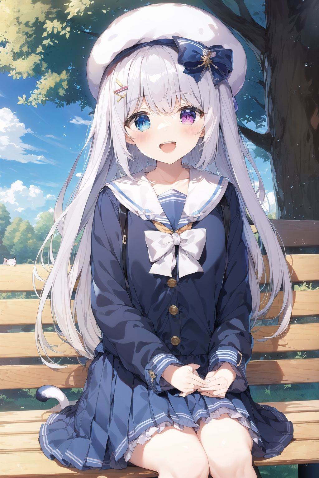 masterpiece, (best quality), 1girl,, masterpiece, best quality, 1girl, cat, hat, bag, skirt, long hair, heterochromia, blue eyes, beret, smile, very long hair, solo, sitting, bow, animal, outdoors, sailor collar, blue headwear, pleated skirt, bangs, school uniform, blue skirt, tree, hair ornament, white sailor collar, :d, long sleeves, black bow, white hair, shirt, purple eyes, hairclip, bench, day, blush, open mouth, blue shirt, looking at viewer, feet out of frame, white cat, shoulder bag, on bench, puffy long sleeves, serafuku, sitting on bench, collarbone