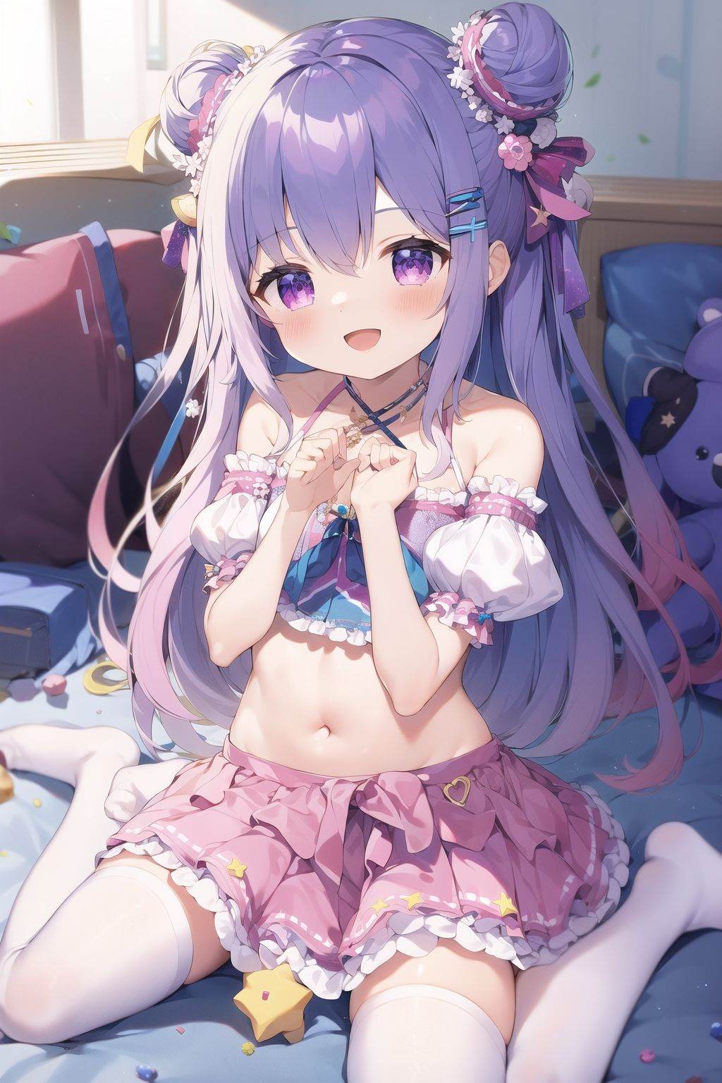 masterpiece, (best quality), 1girl,, masterpiece, best quality, 1girl, stuffed toy, stuffed animal, solo, thighhighs, candy, skirt, food, smile, purple eyes, long hair, no shoes, criss-cross halter, multicolored hair, blue hair, hair bun, double bun, lollipop, white thighhighs, wariza, two side up, puffy sleeves, short sleeves, sitting, puffy short sleeves, :d, pink skirt, swirl lollipop, looking at viewer, virtual youtuber, open mouth, blush, halterneck, purple hair, bare shoulders, hair ornament, star (symbol), very long hair, stuffed cat, bangs, detached sleeves, frills, pink hair, object hug, frilled skirt, midriff, streaked hair, crop top, teddy bear