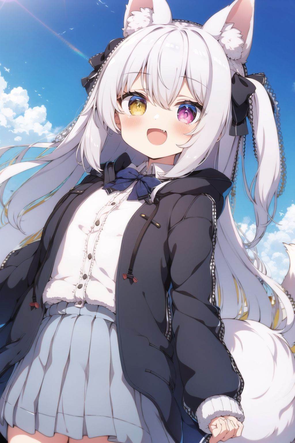 masterpiece, (best quality), 1girl,, masterpiece, best quality, 1girl, animal ears, shirt, heterochromia, outdoors, skirt, tail, white shirt, collared shirt, blue eyes, bow, open clothes, day, solo, jacket, long hair, smile, animal ear fluff, open jacket, black jacket, hood down, dress shirt, pleated skirt, long sleeves, hood, hair bow, :d, hooded jacket, sky, bangs, red eyes, puffy sleeves, puffy long sleeves, cloud, grey hair, grey skirt, very long hair, blue sky, outstretched arms, hair between eyes, black bow, fang, looking at viewer, two side up, blush, open mouth, dutch angle, sleeves past wrists, fox tail, fox ears