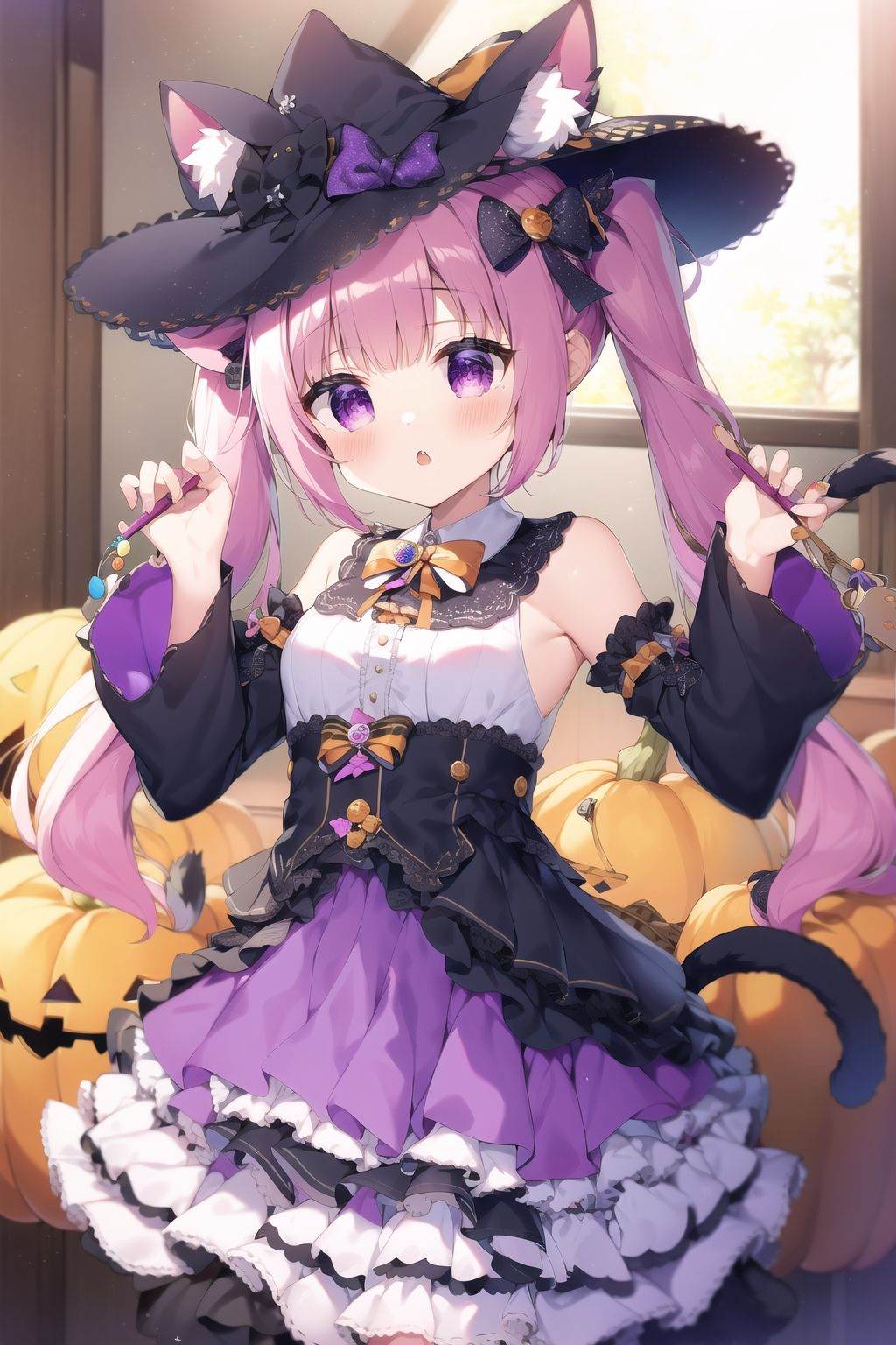 masterpiece, (best quality), 1girl,, masterpiece, best quality, 1girl, animal ears, solo, hat, skirt, pink hair, shirt, halloween bucket, white shirt, animal ear fluff, cat ears, witch hat, candy wrapper, twintails, holding, black headwear, long hair, frilled skirt, bow, long sleeves, blush, looking at viewer, frills, bangs, basket, food, tail, cat girl, very long hair, cat tail, puffy sleeves, purple skirt, candy, hair ornament, :o, purple bow, purple eyes, striped, puffy long sleeves, halloween, depth of field, candy hair ornament, blurry, holding basket, pink bow, blurry background, striped bow, food-themed hair ornament, scrunchie, fang, black skirt, detached sleeves, hands up, layered skirt, hat bow, open mouth, parted lips, polka dot