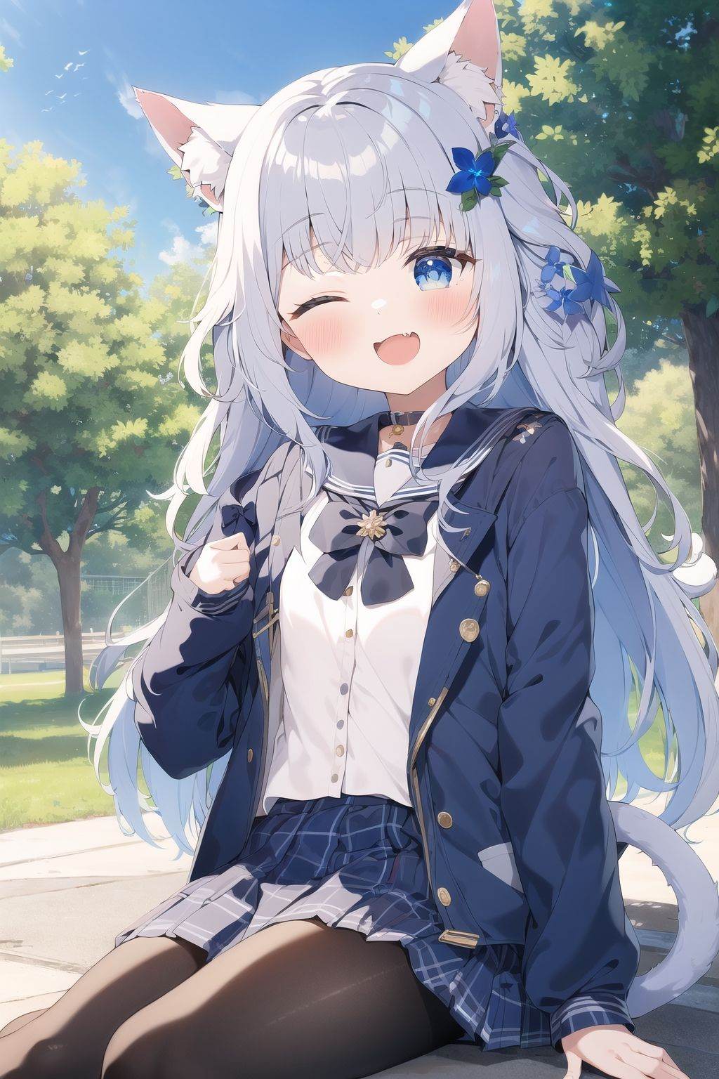 masterpiece, (best quality), 1girl,, masterpiece, best quality, 1girl, skirt, solo, animal ears, one eye closed, blue eyes, puffy long sleeves, shirt, outdoors, white shirt, pleated skirt, pantyhose, sailor collar, flower, bow, long hair, puffy sleeves, bangs, jacket, cat ears, open clothes, very long hair, animal ear fluff, tail, grey skirt, black sailor collar, day, smile, hair ornament, long sleeves, ;d, open jacket, sleeves past wrists, school uniform, hood, white flower, black skirt, black bow, hooded jacket, white pantyhose, cat tail, blue bow, sky, fang, halo, cat girl, looking at viewer, serafuku, v, blue jacket, blush, cloud, hood down, grey hair, blue flower, blue sky, hair flower, hands up, blue hair, grey sailor collar, tree