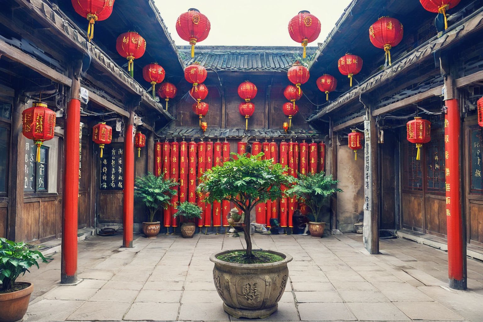 a courtyard with red lanterns and a potted plant in the middle of it and a wall of red lanterns,<lora:her-000015:1>,