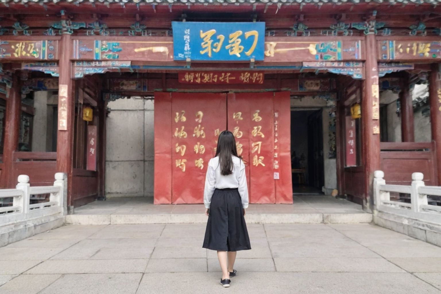 1girl,solo,a large building with a lot of asian writing on it's doors and windows on the front of it,<lora:her-000015:0.8>,