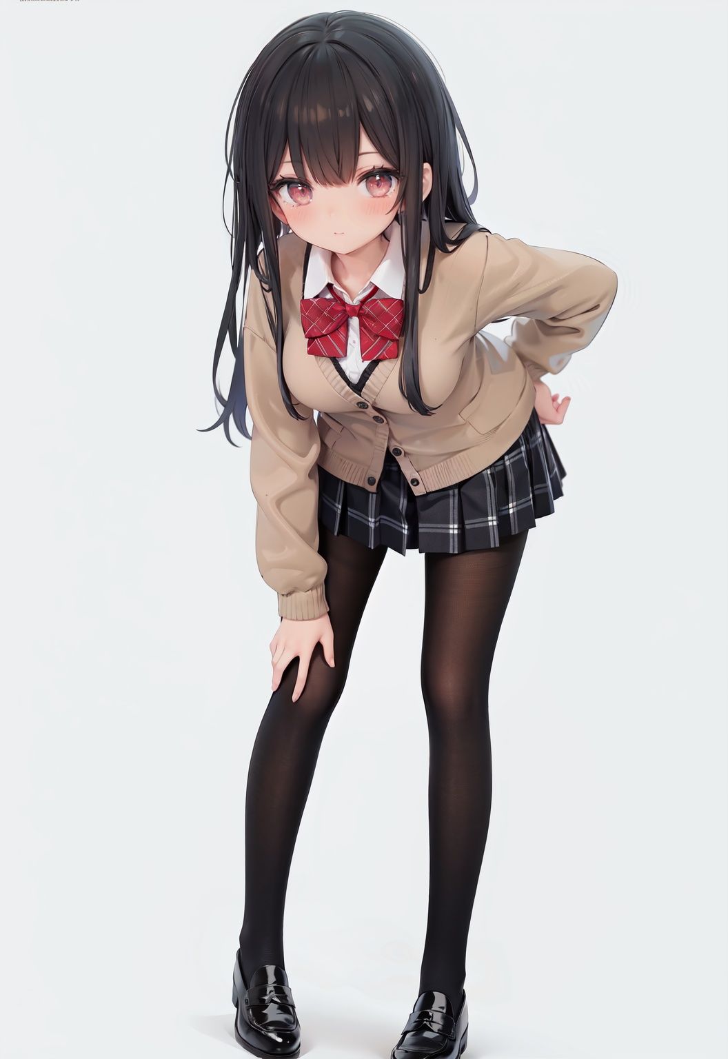  1girl, solo, pantyhose, skirt, long hair, loafers, shoes, simple background, school uniform, brown eyes, plaid, black pantyhose, plaid skirt, looking at viewer, black hair, pantyhose pull, full body, clothes pull, black footwear, pleated skirt, leaning forward, bangs, long sleeves, bent over, cardigan, bow, bowtie, standing, closed mouth, pulled by self, grey background, blush, miniskirt, red bow, sweater, **********
