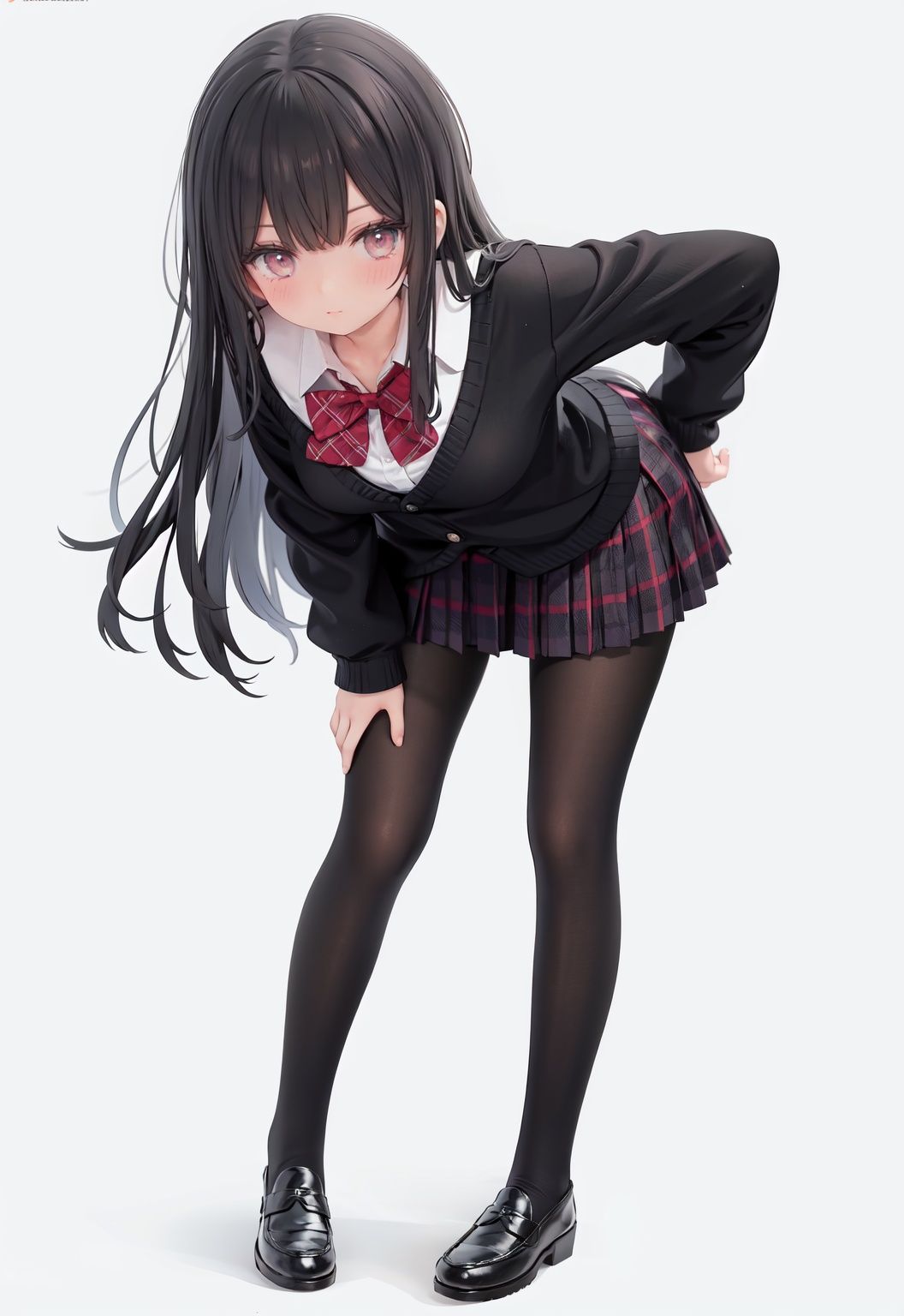  1girl, solo, pantyhose, skirt, long hair, loafers, shoes, simple background, school uniform, brown eyes, plaid, black pantyhose, plaid skirt, looking at viewer, black hair, pantyhose pull, full body, clothes pull, black footwear, pleated skirt, leaning forward, bangs, long sleeves, bent over, cardigan, bow, bowtie, standing, closed mouth, pulled by self, grey background, blush, miniskirt, red bow, sweater, **********