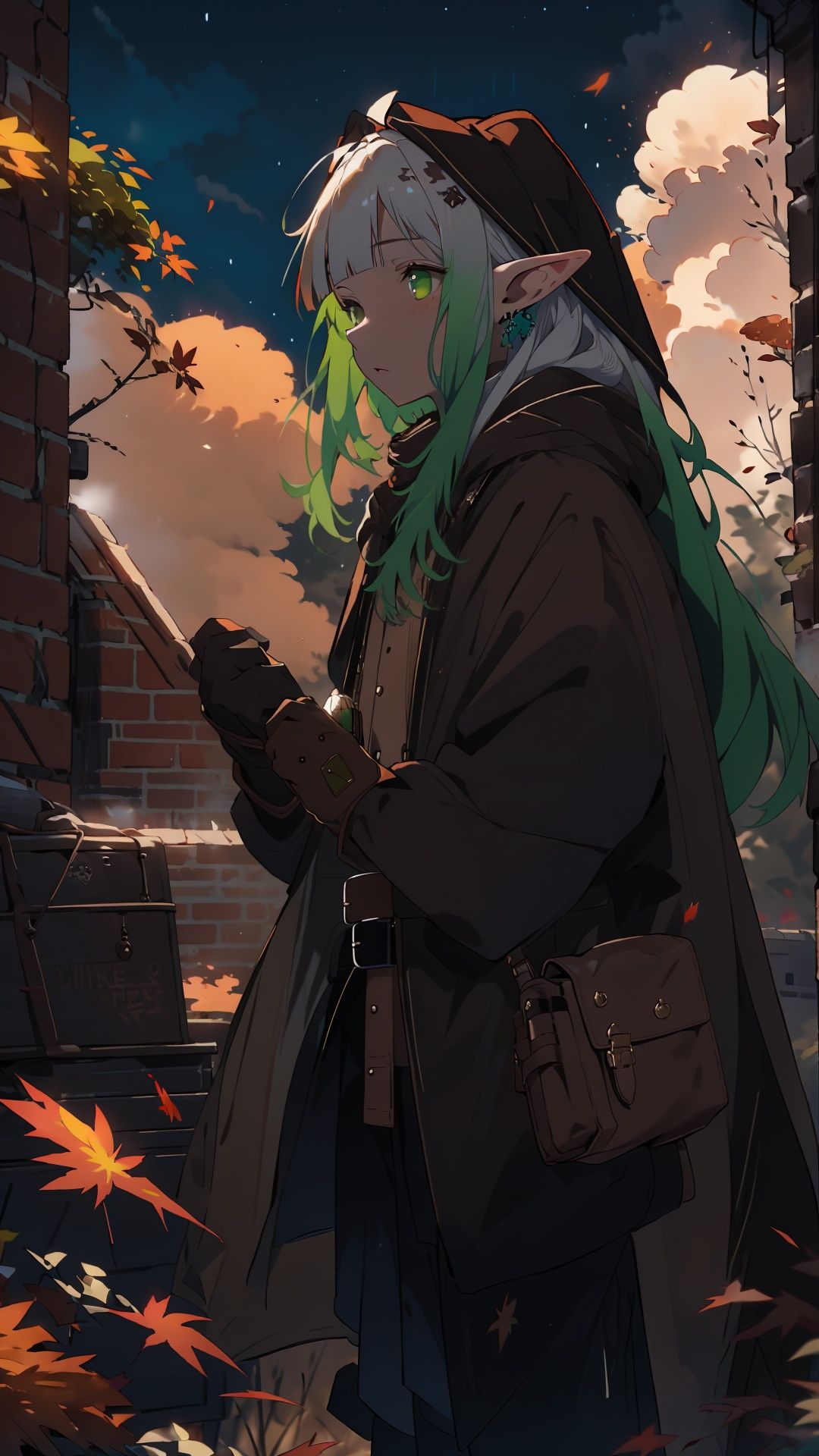  ,elf, 1girl, solo,green eyes, (white hair), long hair, (blunt bangs), pointy ears, floating hair, green gradient hair,brown cloak, brown belt, pouch, white frilled shirt, brown gloves, long sleeves, leather, from side, falling leaves, autumn, cloud, brick wall,at night