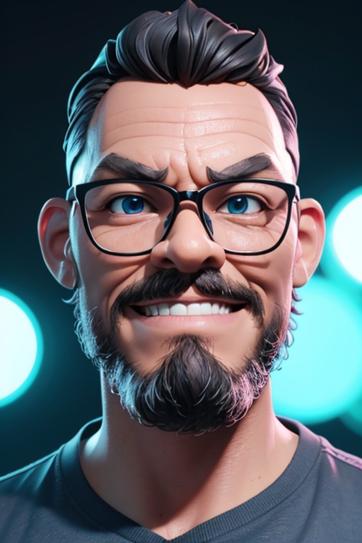 creating a character from an animated cartoon,  a happy man with black glasses and a blue shirt,  black eyes on Tensor.Art