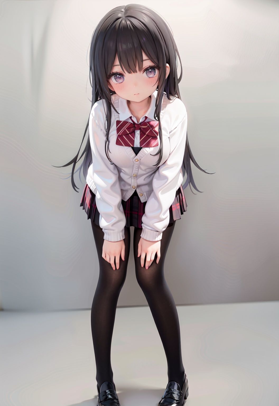  1girl, solo, pantyhose, skirt, long hair, loafers, shoes, simple background, school uniform, brown eyes, plaid, black pantyhose, plaid skirt, looking at viewer, black hair, pantyhose pull, full body, clothes pull, black footwear, pleated skirt, leaning forward, bangs, long sleeves, bent over, cardigan, bow, bowtie, standing, closed mouth, pulled by self, grey background, blush, miniskirt, red bow, sweater, **********