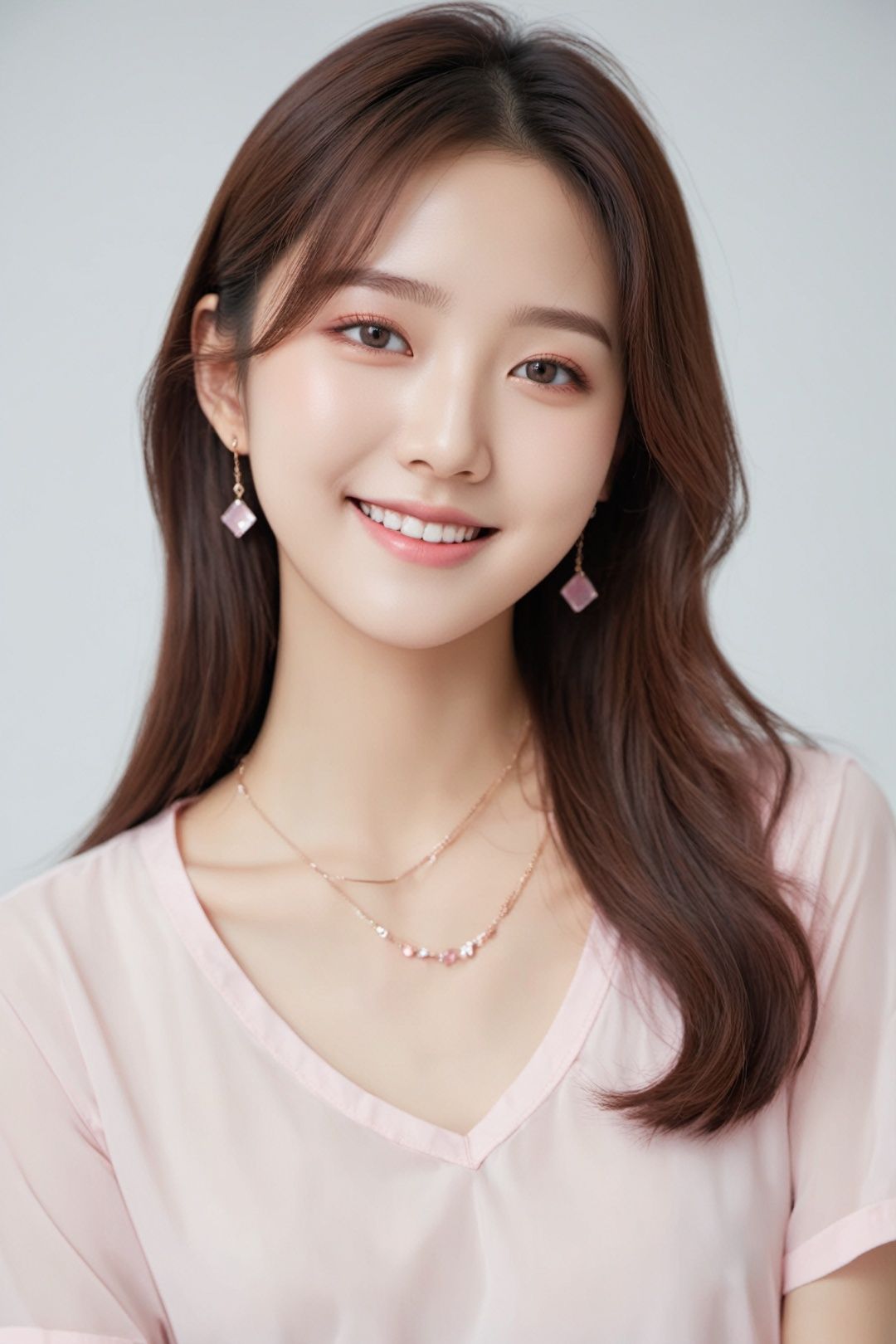 Realistic,korean girl portrait,upper body,long straight brown hair,black eyes,indoors,white background,wearing a pastel pink shirt,minimal jewelry,gentle smile,soft makeup focusing on aegyo sal,pure and youthful,
