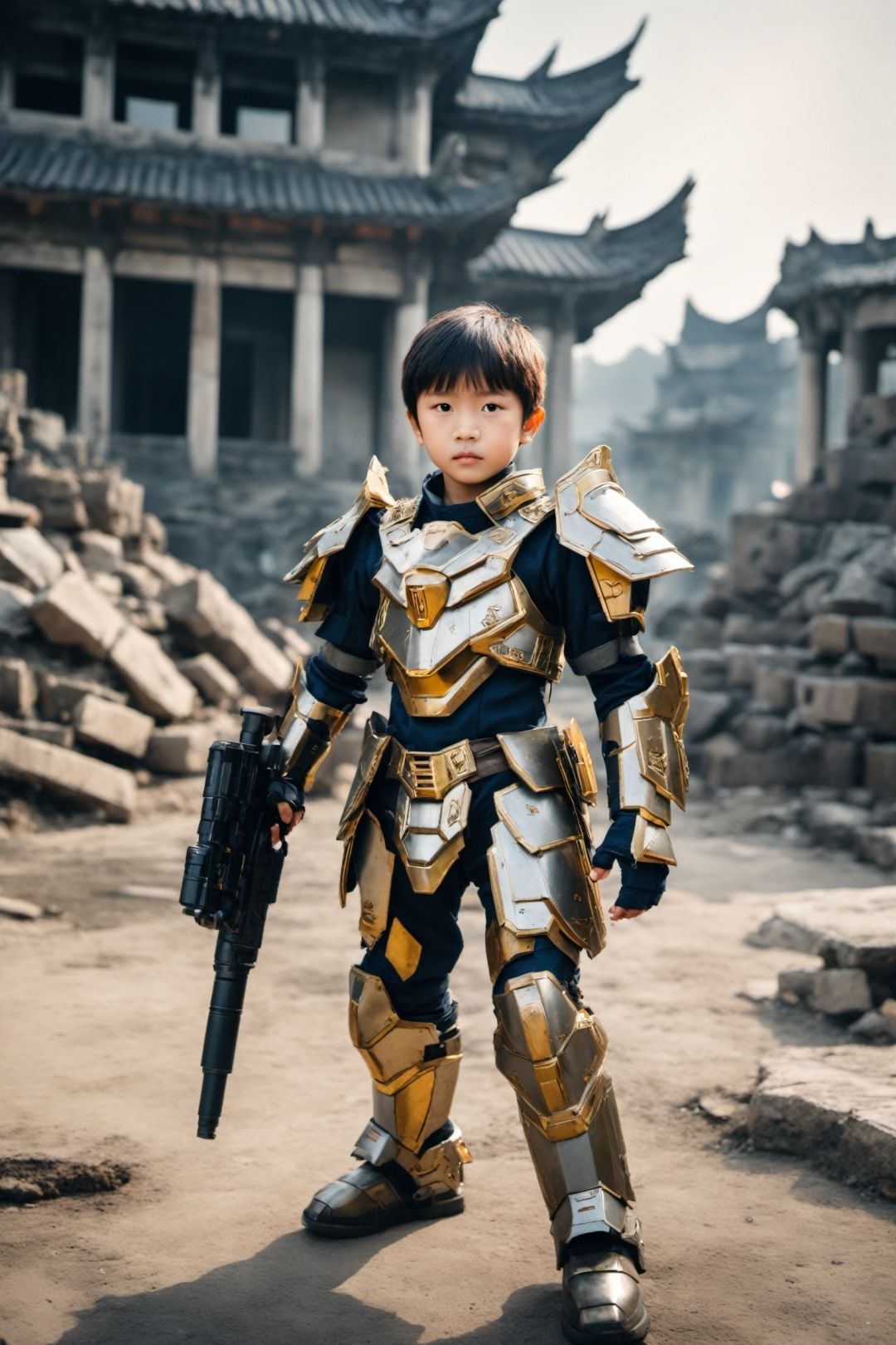  An 8-year-old Chinese boy wearing armored warrior mecha combat uniform, fantasy engine, city ruins, Fuji camera shooting, super detail,high angle shooting, real shooting 
